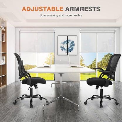 Sweetcrispy Office Computer Desk Chair, Ergonomic Mid-Back Mesh Rolling Work Swivel Task Chairs with Wheels, Comfortable Lumbar Support, Comfy Flip-up Arms for Home, Bedroom, Study, Student, Black