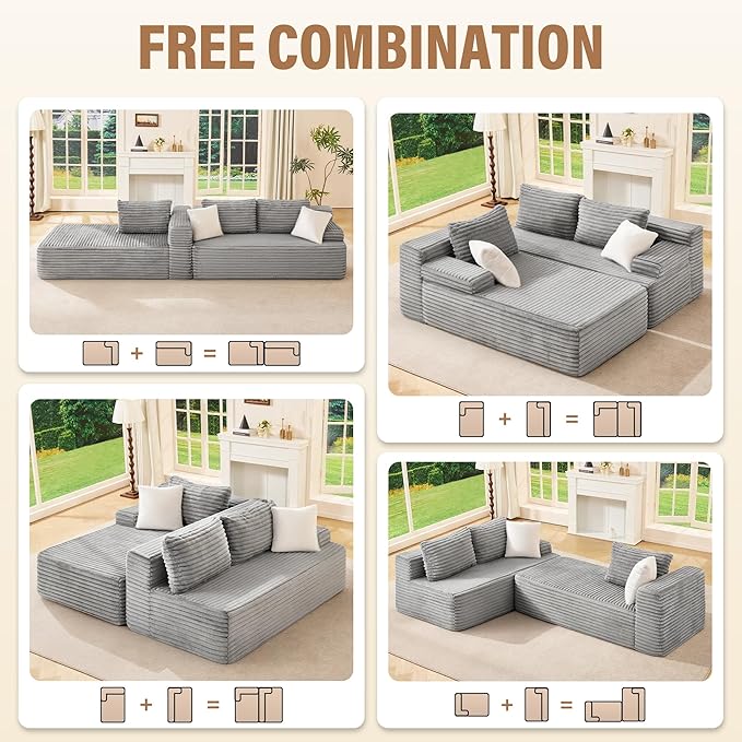 Hobestluk Modular Sectional Sofa Couches L-Shape Couch 3 Seat Modular Sofa Memory Foam Sectional Couches for Living Room, Cloud Couch with Oversized Chaise (96” Left Facing)