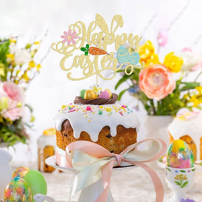 Ephlyn Easter Happy Birthday Cake Topper, 1Pc Glitter Carrot Egg Bunny Rabbit Cake Decorations for Kids Birthday Party Supplies