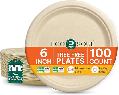 ECO SOUL Compostable Paper Plates 6 Inch (100 Count) Plates for Thanksgiving Dessert, Heavy Duty, Eco-Friendly Sugarcane Bagasse Small Plates For Appetizer- Natural Brown