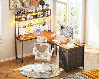 AODK L Shaped Desk Gaming Desk with LED Light & Power Outlet, 59 Inch Reversible L Shaped Computer Table with 4 Drawers for Home Office, Vintage