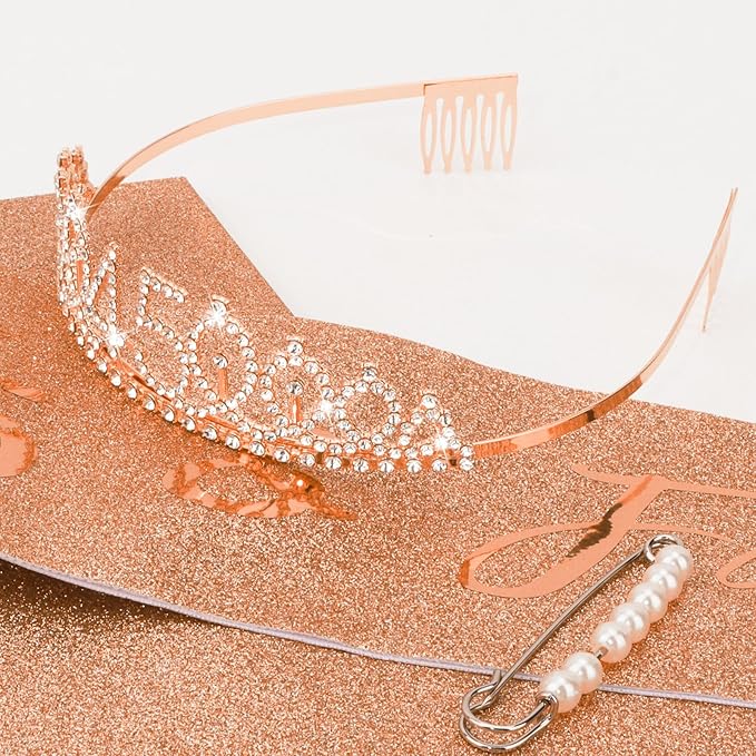 CIEHER 45th Birthday Crown and Sash, 45 & Fabulous Sash, 45th Birthday Decorations for Women - Rose Gold