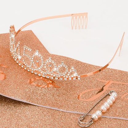 CIEHER 45th Birthday Crown and Sash, 45 & Fabulous Sash, 45th Birthday Decorations for Women - Rose Gold