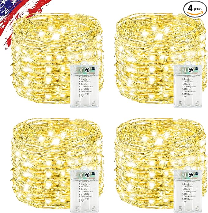 4 Pack Cuttable Fairy Lights Battery Operated, Waterproof 20FT 60LED Twinkle Lights with Timer Indoor Outdoor, Fairy Battery String Light for Bedroom, Classroom, Wedding, Christmas Décor(Warm White)