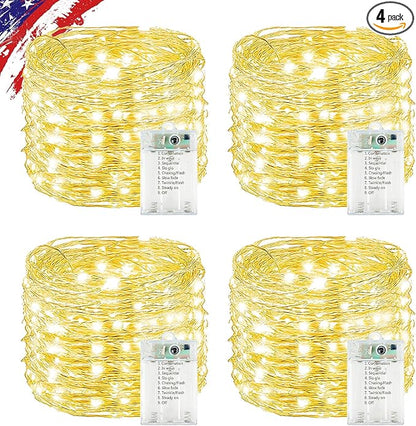 4 Pack Cuttable Fairy Lights Battery Operated, Waterproof 20FT 60LED Twinkle Lights with Timer Indoor Outdoor, Fairy Battery String Light for Bedroom, Classroom, Wedding, Christmas Décor(Warm White)