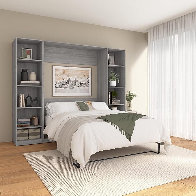 Bestar Claremont Full Murphy Bed with Closet Organizers (99W) in Platinum Gray, Space-Saving Sleeping Arrangement for Multipurpose Room