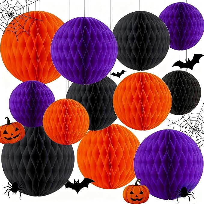Capesaro 12pcs Black Purple Orange Hanging Honeycomb Balls Decorations Halloween Theme Party Decorations Hanging Tissue Paper Pom poms Flower for Birthday Party (6" 8" 10" Orange Purple Black Set)