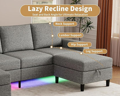 Smart Sectional Couches for Living Room, 6 Seat U/L Shaped Sectional Sofa with RGB Light/Charging, Modern Living Room Furniture for Apartments/Office/More (Light Gray)