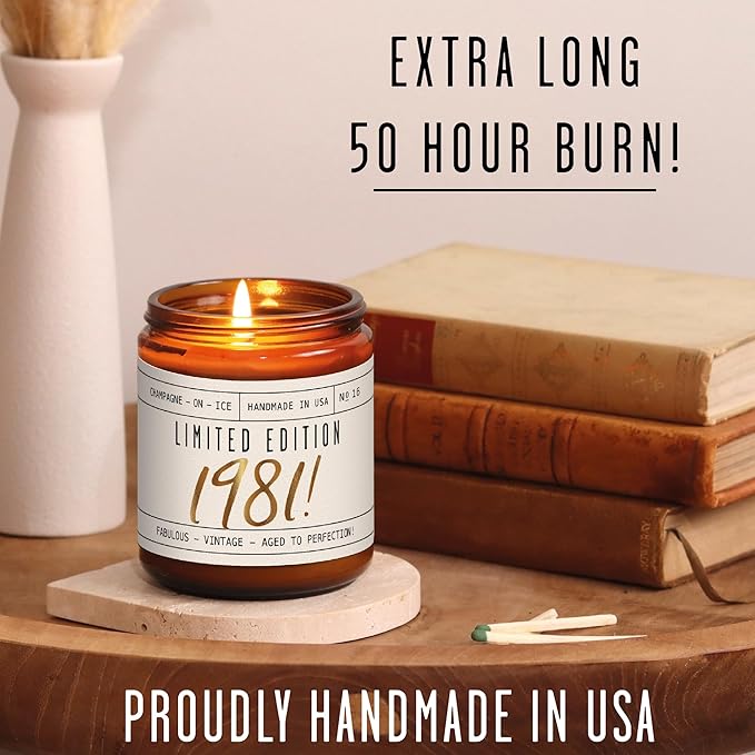 44th Birthday Gifts for Women - 'Limited Edition 1981' Soy Candle, w/Champagne on Ice I 44 Birthday Gifts for Women I 44th Gift for Her Ideas I 9oz Reusable Jar, 50Hr Burn, Made in USA