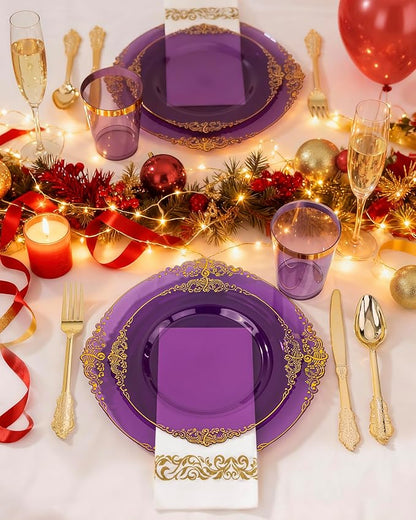 Nervure 350PCS Purple Plastic Plates - Purple Plastic Dinnerware Sets for 50 Guests - 100 Disposable Plates, 150 Gold Silverware, 50 Cups, 50 Napkins for Wedding & Party