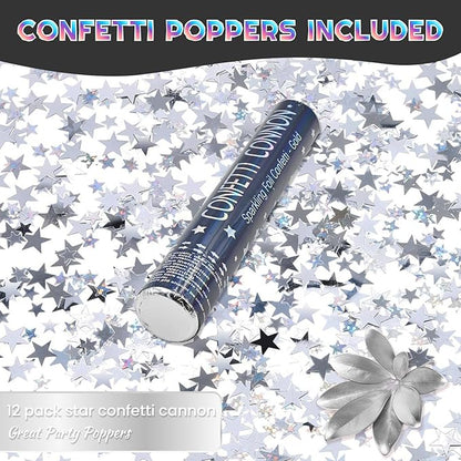 Confetti Cannon Sliver 12 Pack Confetti Poppers 12 Inch Confetti Party Poppers with Silver Star Confetti Bulk Streamer Blaster Shooter for New Year Christmas Birthdays,Weddings,Graduation Decorations