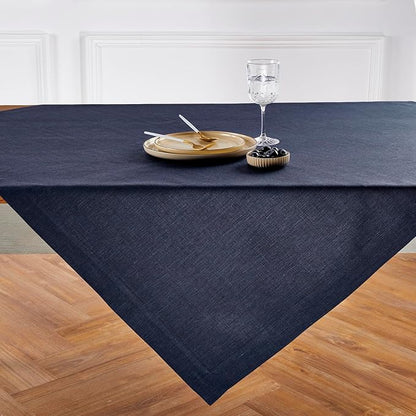 Solino Home Linen Square Tablecloth 52 x 52 Inch - 100% Pure Linen Chambray Navy Table Throw - Athena, Machine Washable Tablecloth for Fall, Autumn, Winter