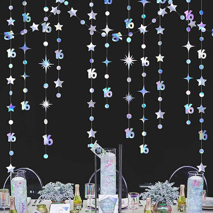 Iridescent Number 16 Circle Dot Twinkle Star Garland Kit Metallic Hanging Streamer Bunting Banner Backdrop Decorations for Girls 16th Birthday Sweet Sixteen Wedding Anniversary Bridal Shower Party