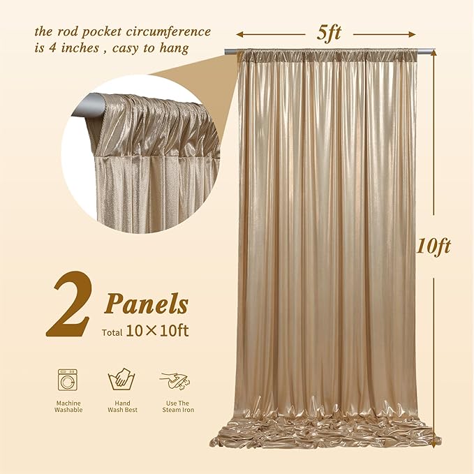 10x10 ft Champagne Sequin Backdrop Curtain Panels for Parties, Wrinkle Free Glitter Photo Backdrop Drapes 2 Panels 5x10FT Shimmer Back Drop Cloth for Wedding Birthday Christmas Photography Background