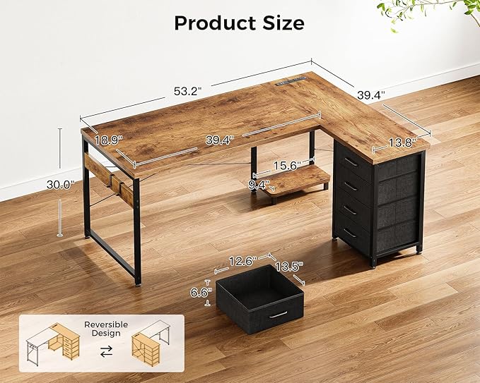 AODK L Shaped Gaming Desk with 4 Drawers, 53" Reversible Home Office Desks with Power Outlets, L Shaped Computer Desk with USB Charging Port and Host Stand, Corner Desk, Easy to Assemble, Vintage
