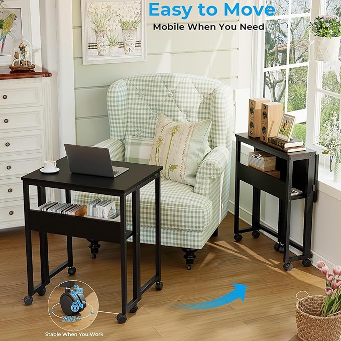 GreenForest Folding Desk Small Rolling Desk with Storage Shelf,31.5 inch Foldable Computer Desk with Wheels for Small Space, Easy Assembly,Black