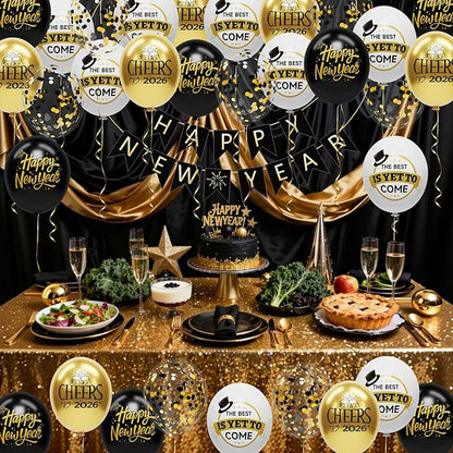 62 Pack Black and Gold New Years Balloons 2026 New Years Decorations - 12 Inch New Year Eve Party Supplies 2026 New Year Eve Balloons with Ribbons - Black Gold Nye Party Decorations Nye Balloon