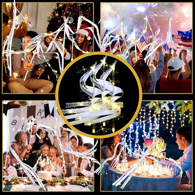 60PCS Light Up Wands,White Wedding Wands Streamers with 3 Flashing Modes,LED Silk Fairy Wands with Bells,Glow Lace Sticks for Wedding Reception,Birthday,Raves,July 4th