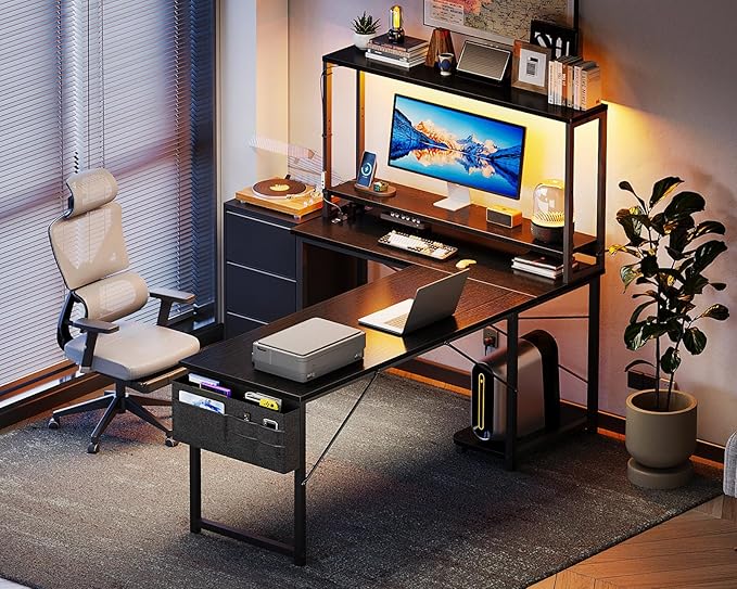 AODK L Shaped Desk Gaming Desk with LED Light & Power Outlet, 61 Inch Reversible L Shaped Computer Table with Shelf & Storage Bag & Hook for Home Office, Black
