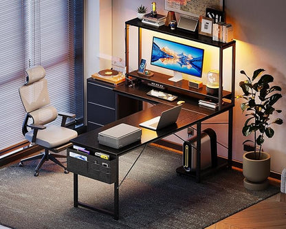 AODK L Shaped Desk Gaming Desk with LED Light & Power Outlet, 61 Inch Reversible L Shaped Computer Table with Shelf & Storage Bag & Hook for Home Office, Black