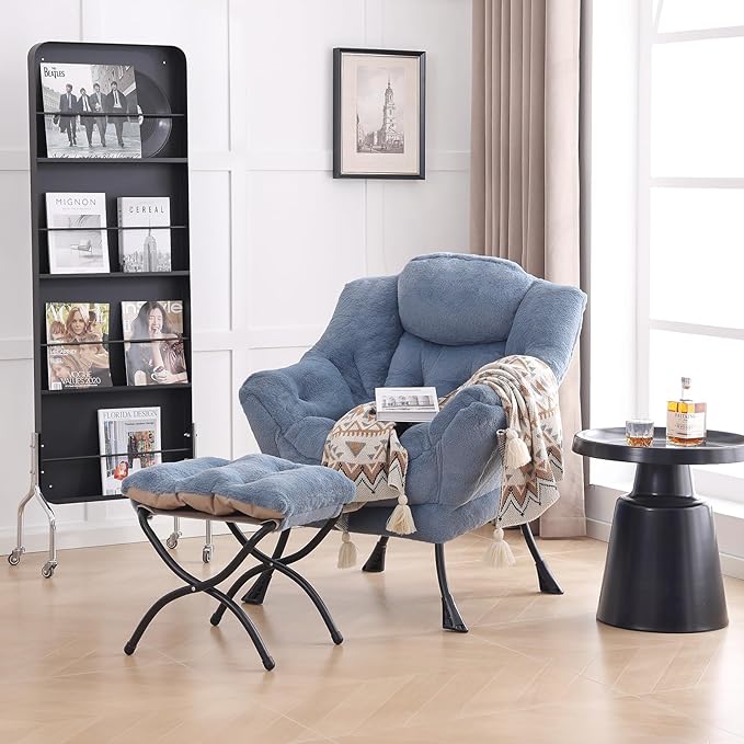 LITA Modern Accent Leisure Upholstered Sofa Chair with Ottoman, Plush Light Blue, 43 x 80 x 95 cm, Cotton, Standard Sofa, Living Room Chair