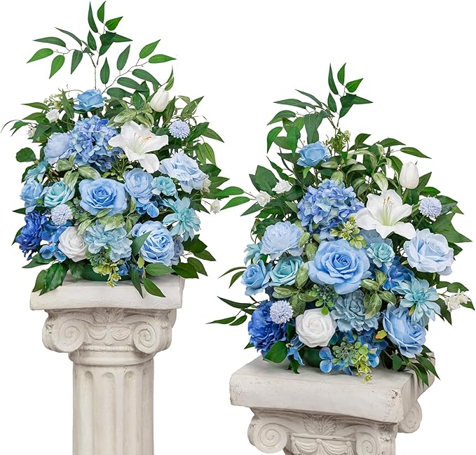 TINGE TIME Free-Standing Artificial Flower Set of 2, Table Centerpiece with Rubber Pad, Silk Fake Flower for Wedding Centerpiece Archway Aisle Welcome Entrance (Provence Blue)