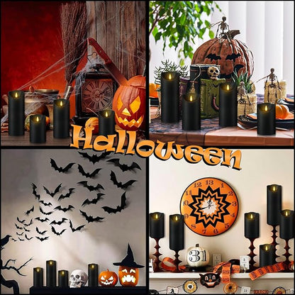 Fo32won Flameless Flickering Candles with Remote Timer, Set of 6 Led Black Battery Operated Candles for Home Decor Xmas Halloween (D3 x H3 3" 4" 5" 6" 7")
