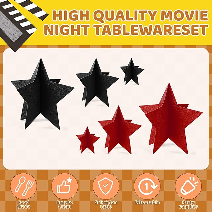 70 Pcs Red and Black Star Centerpieces for Men Women Black and Red Party Birthday Decorations 3D 2025 Graduation Decoration 3 Sizes 8" 5" 3" Film Show Theme Supplies Table Decor