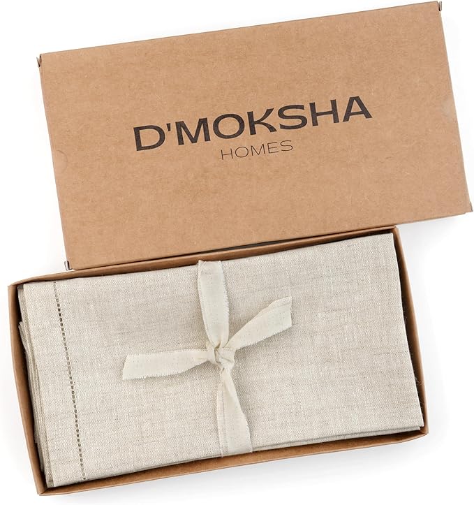 D'Moksha Homes Light Natural Linen Napkins Set of 4 - Classic Hemstitch 100% Pure Linen Hemstitch Dinner Napkins 20 x 20 Inch for Christmas, Holiday - Handcrafted and Machine Washable