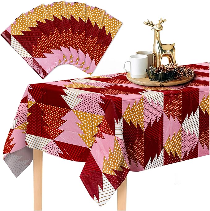 Christmas Tablecloth, 6-Pack Disposable Table Cloths, Red and Gold Christmas Tree Plastic Table Covers, 54 x 108 Inches, Xmas Party Decorations