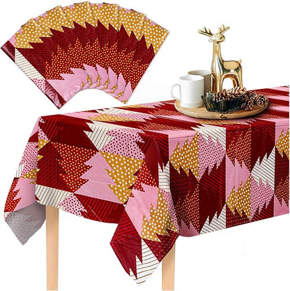 Christmas Tablecloth, 6-Pack Disposable Table Cloths, Red and Gold Christmas Tree Plastic Table Covers, 54 x 108 Inches, Xmas Party Decorations