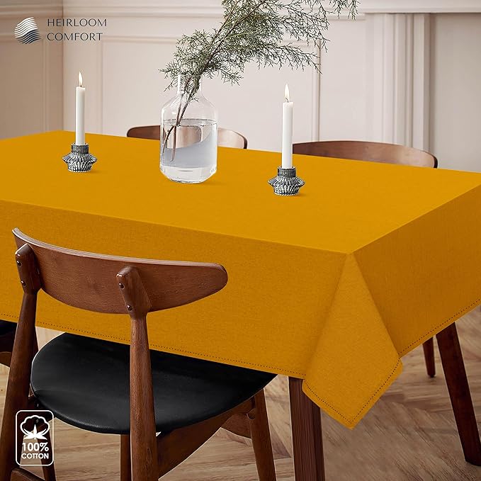 Mustard Yellow Cotton Table Cover, 60x86 Inch, Fits 6-8 Seats, Soft, Durable, Washable, Wrinkle Resistant, Rectangle Table Cloth for Summer Gatherings, Festive Meals, Dining Decor
