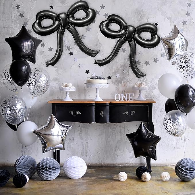 2 Pcs Bow Birthday Decorations Black Bow Balloons Bow Party Decorations Giant Foil Balloon for Girl Women Baby Shower Bridal Engagement Wedding Decor Bachelorette Party Supplies