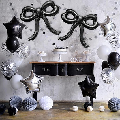 4 Pcs Bow Birthday Decorations Black Bow Balloons Bow Party Decorations Giant Foil Balloon for Girl Women Baby Shower Bridal Engagement Wedding Decor Bachelorette Party Supplies