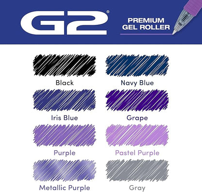 Pilot G2 Premium Gel Roller Pens, Fine Point Gel Pens, Boost Purple Pack, The Colors of Creativity, 8-Pack Pouch, 0.7 mm, Assorted - Ideal for School, Journaling, & Office Writing