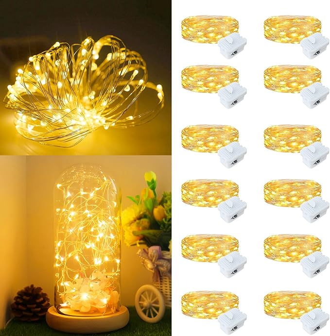 12Pack Fairy Lights Battery Operated, 7ft 20 LED 3 Modes Speed Twinkle Mini String Lights Waterproof Copper Wire Firefly Starry Lights for Mason Jars Wedding Party Christmas Decorations