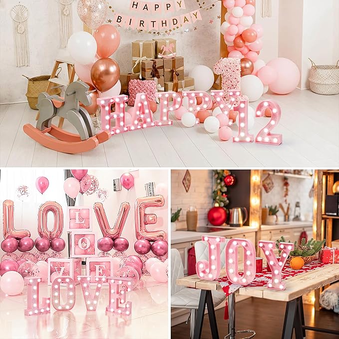 Pink LED Marquee Light Up Letters, Glitter Alphabet Letter Lights for Birthday Party Decorations, Battery Operated Letter Signs for Girls Room Table Decor, Pink letter O with Cool White Lights