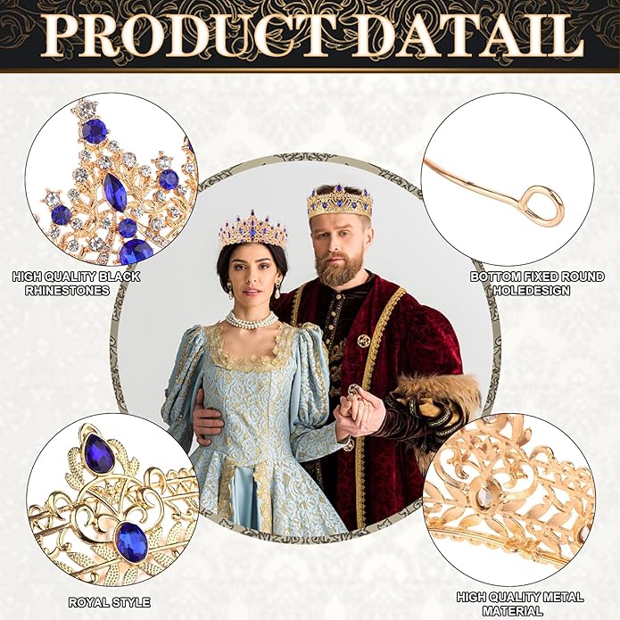 2 Pcs King and Queen Crowns Set King Crowns for Men Royal Crown with Black Rhinestone Crystal Crowns for Women Princess Crown Tiara Costume Headwear for Wedding Homecoming Party Decorations
