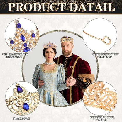 2 Pcs King and Queen Crowns Set King Crowns for Men Royal Crown with Black Rhinestone Crystal Crowns for Women Princess Crown Tiara Costume Headwear for Wedding Homecoming Party Decorations