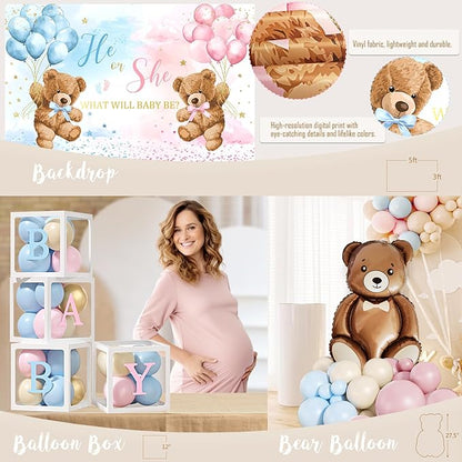 Bear Gender Reveal Decorations, He or She Baby Gender Reveal Party Decoration, Boy or Girl Bear Theme Party Supplies, Backdrop BABY-Box Tablecloth Mom to Be Sash Dad to Be Pin Balloon Arch