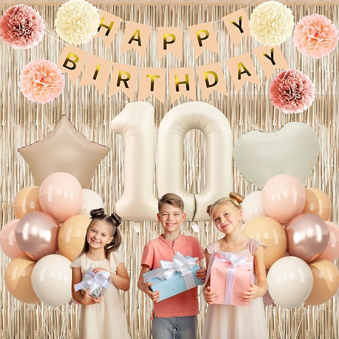 Beige 10th Birthday Decorations Girls Boys Cream Number 10 Balloon Nude Gold Happy Birthday Banner Fringe Curtain Paper Pom Poms Blush White Sand Champagne Star Foil Balloons Neutral Boho Party Decor