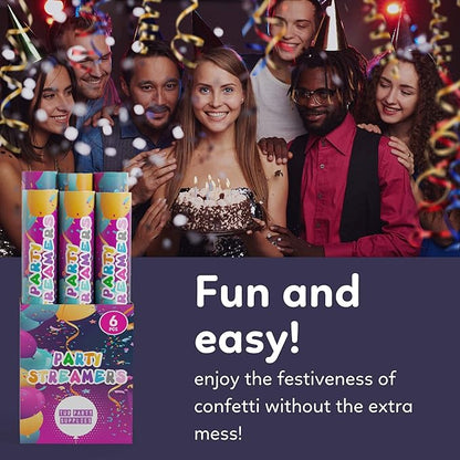 No Mess Streamer Confetti Cannon Party Poppers | 6 Pack | Multicolor Streamers | Glitter Bomb Confetti Shooters | Decoration for Birthday, Wedding | Launches 25 ft | 12 inch | TUR Party Supplies