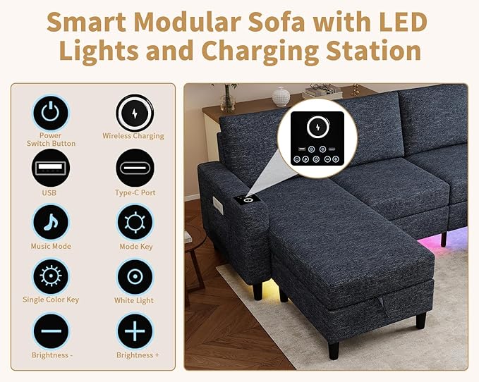 Smart Sectional Couches for Living Room, 4 Seat U/L Shaped Sectional Sofa with RGB Light/Charging, Modern Living Room Furniture for Apartments/Office/More (Blue)