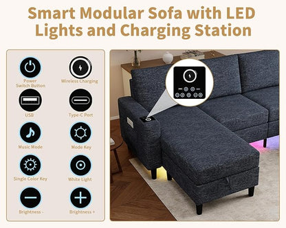 Smart Sectional Couches for Living Room, 4 Seat U/L Shaped Sectional Sofa with RGB Light/Charging, Modern Living Room Furniture for Apartments/Office/More (Blue)