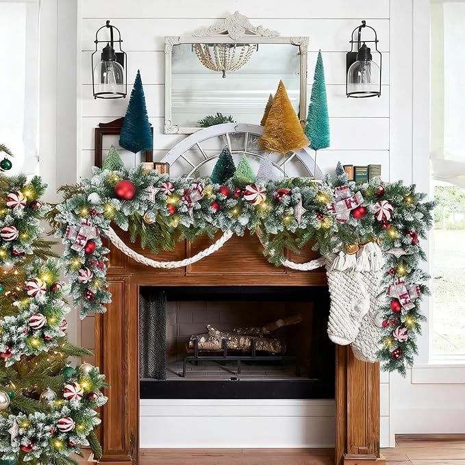 Christmas Garland with Lights 6.56FT Pre-Lit Flocked Garland with 50 LED Battery Operated 8 Lighting Modes - Red Berry & Christmas Ball Decor for Stairs Front Door Fireplace Christmas Decor