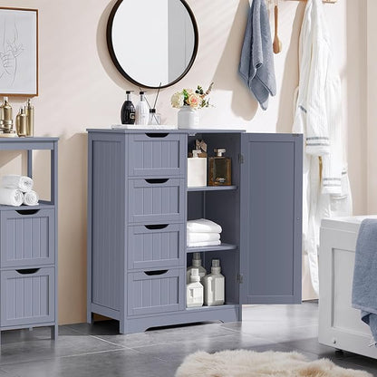 Yaheetech Large Bathroom Storage Cabinet, Freestanding Floor Cabinet with 4 Dawers and 1 Door, Adjustable Shelf, Bathroom Storage Organizer with 3 Shelves, for Living Room Kitchen Hallway, Gray