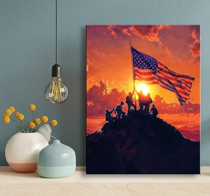 Ploceiny American july 4th Canvas Print Wall Art - Patriotic 4th of July USA Decorations, Soldiers Raising Flag on Mountain Sunrise, Veteran Memorial Gift, Independence Day Office & Home Decor, A-383
