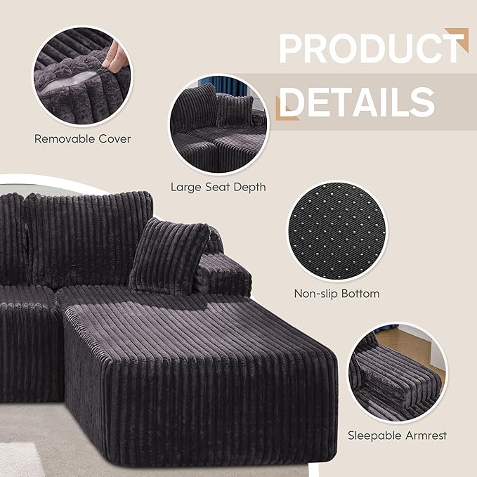Hobestluk Modular Sectional Sofa Couches L-Shape Couch 3 Seat Modular Sofa Memory Foam Sectional Couches for Living Room, Cloud Couch with Oversized Chaise (108" Right Facing Chaise)
