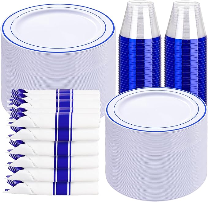 WELLIFE 350 Pcs Blue Plastic Plates for 50 Guests - Plastic Dinnerware Set,Party Supplies Includes 100 Blue Disposable plates,150 Silverware,50 Napkins,50 Cups,Hanukkah Plates