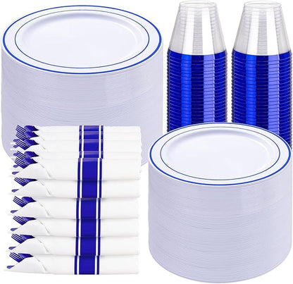 WELLIFE 350 Pcs Blue Plastic Plates for 50 Guests - Plastic Dinnerware Set,Party Supplies Includes 100 Blue Disposable plates,150 Silverware,50 Napkins,50 Cups,Hanukkah Plates